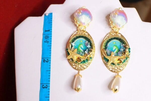 SOLD! 8570 Nautical Seahorse Cameo Long Pearl Shell Earrings - Image 3