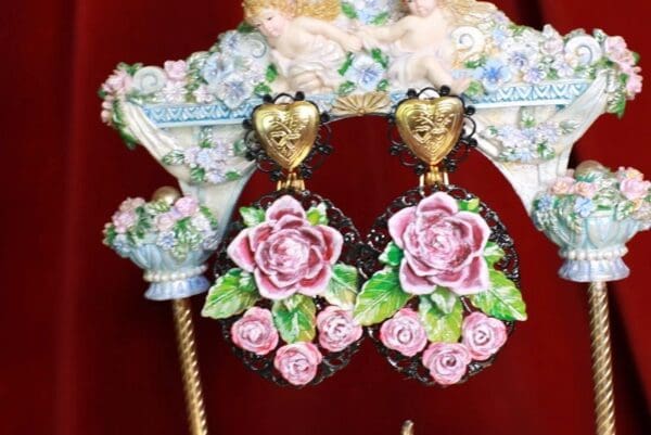 SOLD! 8571 Baroque Massive Hand Painted Roses Sacred Heart Earrings