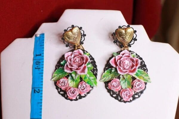 SOLD! 8571 Baroque Massive Hand Painted Roses Sacred Heart Earrings - Image 4
