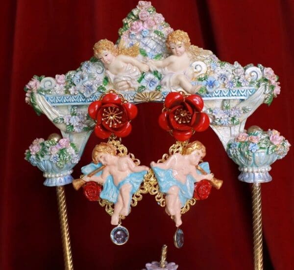 SOLD! 8595 Baroque Cherubs Red Rose Earrings Studs
