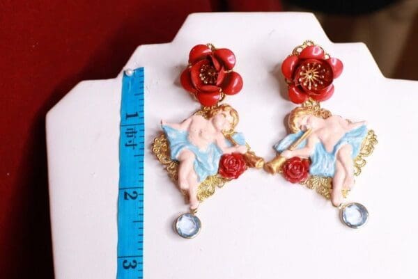 SOLD! 8595 Baroque Cherubs Red Rose Earrings Studs - Image 3