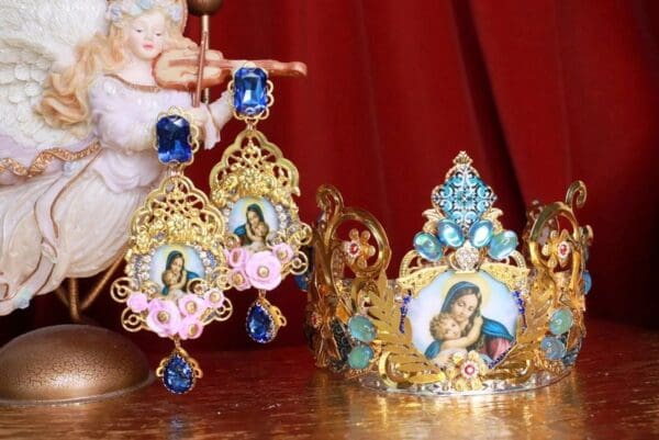SOLD! 8601 Virgin Mary Madonna Blue Cameos Crown Tall Headband