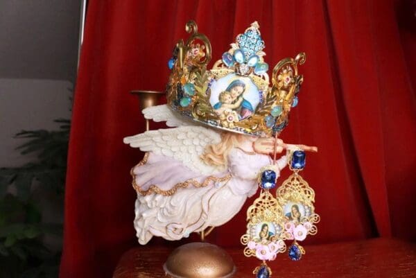 SOLD! 8601 Virgin Mary Madonna Blue Cameos Crown Tall Headband - Image 6