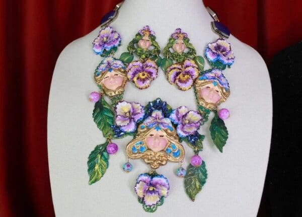 SOLD! 8611 Art Jewelry Viola Goddess 3D Effect Unusual Hand Painted Huge Necklace