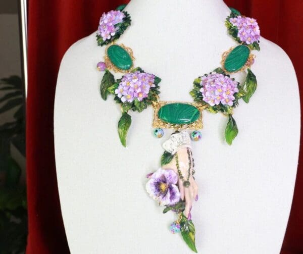 SOLD! 8613 Genuine Malachite Gemstones Hand Painted Hydrangea Flower Hand Viola Necklace - Image 4