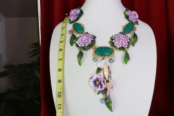 SOLD! 8613 Genuine Malachite Gemstones Hand Painted Hydrangea Flower Hand Viola Necklace - Image 5