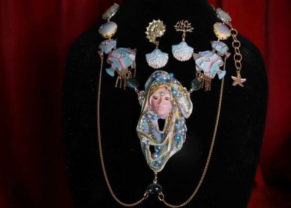 SOLD! 8615 Set Of Art Deco Nautical Mermaid Face Pearl Huge Necklace+ Earrings