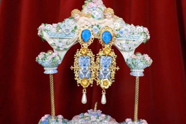 SOLD! 8617 Baroque Sicilian Tile Blue Vase Long Earrings - Image 2