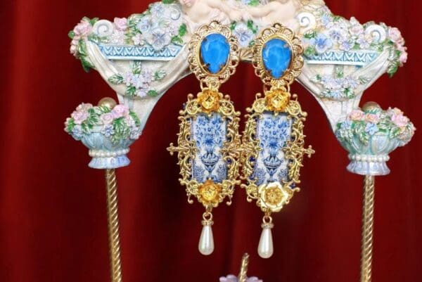 SOLD! 8617 Baroque Sicilian Tile Blue Vase Long Earrings