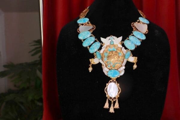 SOLD! 8619 Faux Caribbean Larimar Genuine Mother Of Pearls Goddess Doves Unique Necklace - Image 3