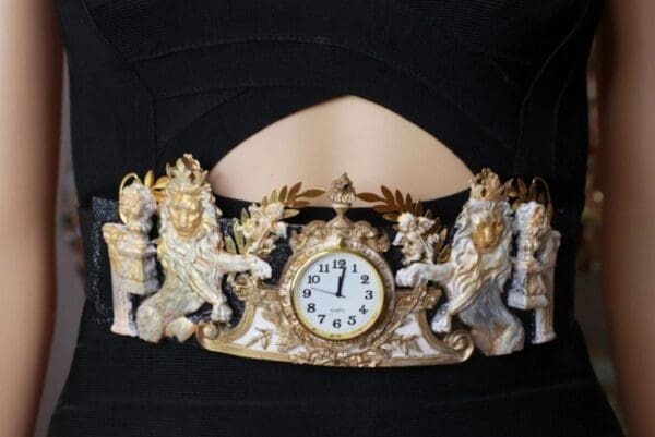SOLD! 8620 Art Jewelry Roman Vintage Clock Lions Embellished Waist Gold Belt Size S, L, M - Image 5