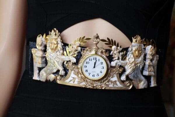 SOLD! 8620 Art Jewelry Roman Vintage Clock Lions Embellished Waist Gold Belt Size S, L, M