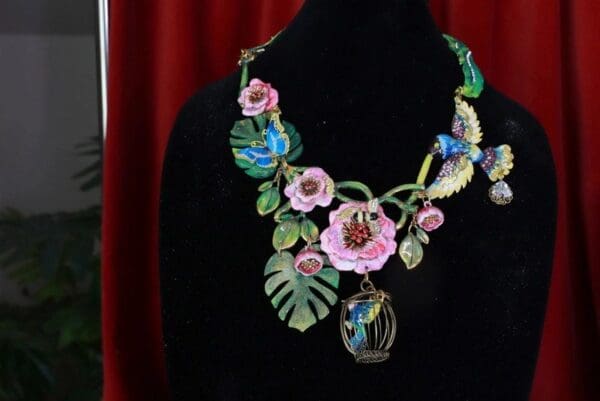 SOLD! 8621 Enamel Flower Bird Cage Vacation Unique Necklace - Image 2