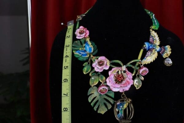 SOLD! 8621 Enamel Flower Bird Cage Vacation Unique Necklace - Image 3