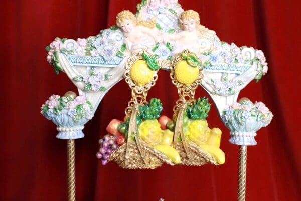 SOLD! 8622 Baroque Picnic Basket Fruits Hand Painted Studs Earrings - Image 2