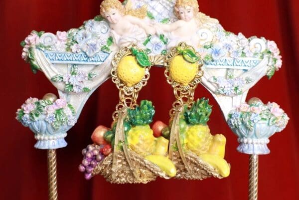 SOLD! 8622 Baroque Picnic Basket Fruits Hand Painted Studs Earrings - Image 6