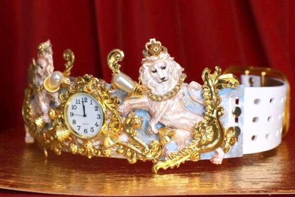 SOLD! 8625 Art Jewelry Roman Vintage Clock Lions Embellished Waist Gold Belt Size S, L, M - Image 3