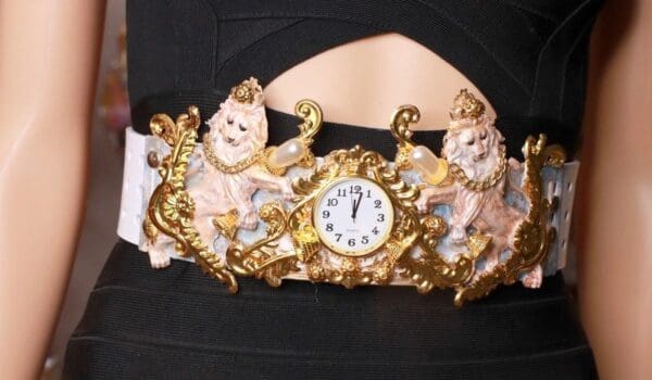 SOLD! 8625 Art Jewelry Roman Vintage Clock Lions Embellished Waist Gold Belt Size S, L, M - Image 6