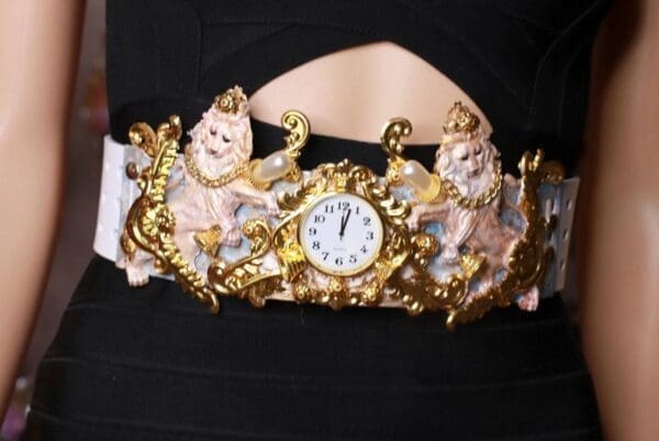 SOLD! 8625 Art Jewelry Roman Vintage Clock Lions Embellished Waist Gold Belt Size S, L, M - Image 7
