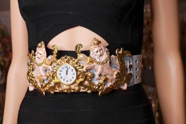 SOLD! 8625 Art Jewelry Roman Vintage Clock Lions Embellished Waist Gold Belt Size S, L, M - Image 9