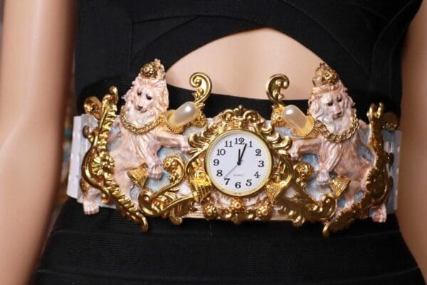 SOLD! 8625 Art Jewelry Roman Vintage Clock Lions Embellished Waist Gold Belt Size S, L, M - Image 2