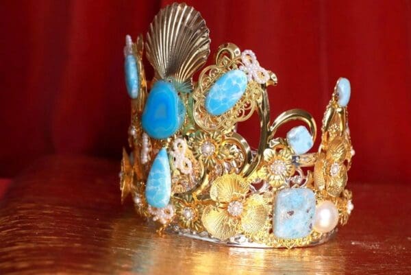 SOLD! 8627 Baroque Genuine Caribbean Larimar Solar Quartz Gemstones Shell Tall Crown - Image 2