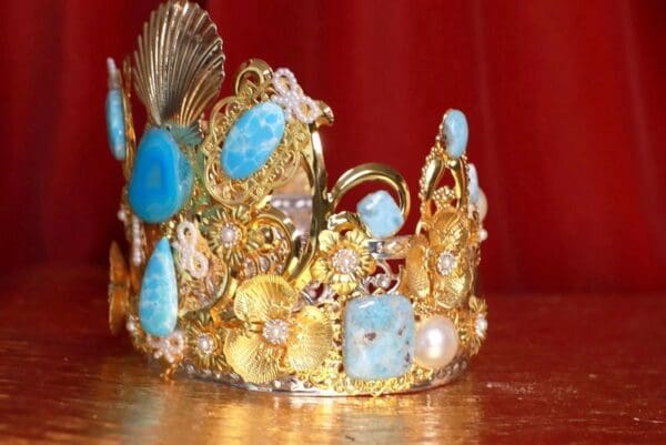 SOLD! 8627 Baroque Genuine Caribbean Larimar Solar Quartz Gemstones Shell Tall Crown - Image 3