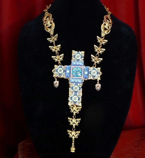 SOLD! 8628 Baroque Sicilian Tile Print Massive Cross Necklace - Image 2