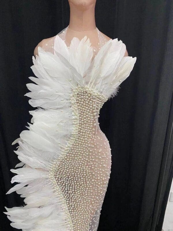 SOLD! 8633 Photo session Performance Ostrich Feather Pearl Beaded Sheer Dress Size S-M - Image 3