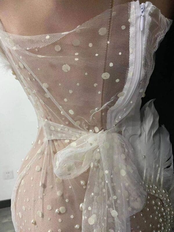 SOLD! 8633 Photo session Performance Ostrich Feather Pearl Beaded Sheer Dress Size S-M - Image 4