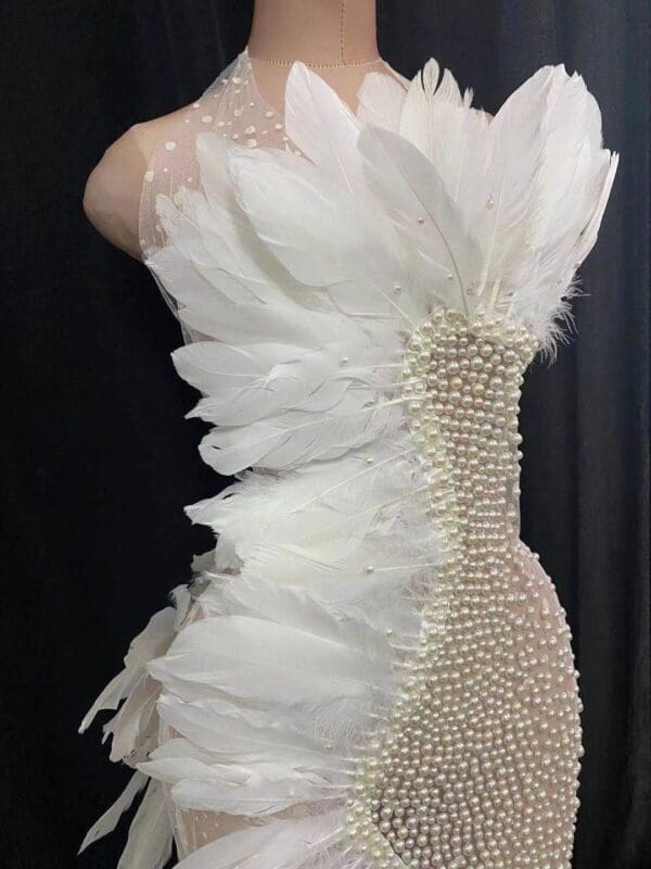 SOLD! 8633 Photo session Performance Ostrich Feather Pearl Beaded Sheer Dress Size S-M - Image 7