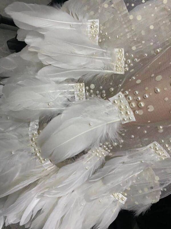 SOLD! 8633 Photo session Performance Ostrich Feather Pearl Beaded Sheer Dress Size S-M - Image 8