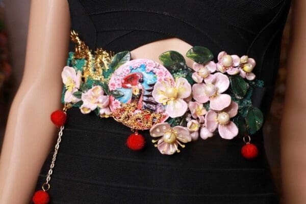 SOLD! 8641 Art Jewelry Kimono 3D Effect Sakura Blossom Pom Pom Embellished Waist Gold Belt Size S, L, M - Image 4