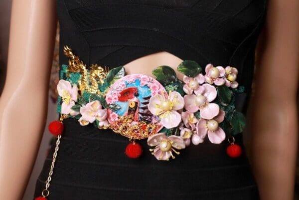 SOLD! 8641 Art Jewelry Kimono 3D Effect Sakura Blossom Pom Pom Embellished Waist Gold Belt Size S, L, M - Image 6