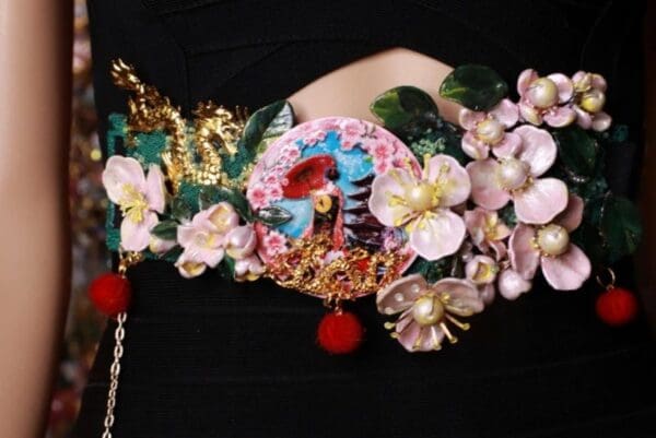 SOLD! 8641 Art Jewelry Kimono 3D Effect Sakura Blossom Pom Pom Embellished Waist Gold Belt Size S, L, M - Image 2