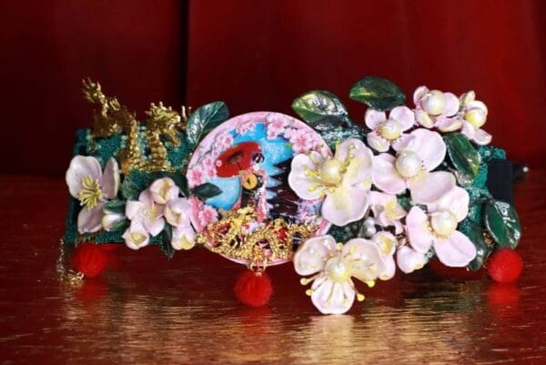 SOLD! 8641 Art Jewelry Kimono 3D Effect Sakura Blossom Pom Pom Embellished Waist Gold Belt Size S, L, M - Image 7