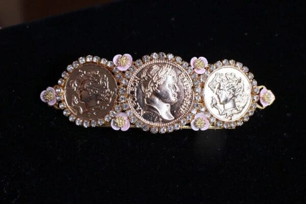 SOLD! 8644 Baroque Roman Coin Flower Blossom Barrette - Image 2