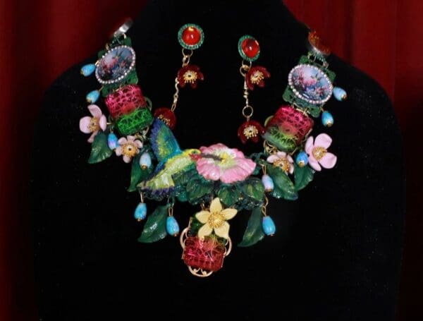 SOLD! 8647 Art Jewelry 3D Effect Hand Painted Hummingbird Genuine Tourmaline Massive Statement Necklace+ Earrings - Image 3