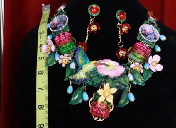 SOLD! 8647 Art Jewelry 3D Effect Hand Painted Hummingbird Genuine Tourmaline Massive Statement Necklace+ Earrings - Image 4