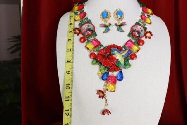 SOLD! 8648 Art Jewelry 3D Effect Hand Painted Hummingbird Genuine Tourmaline Massive Statement Necklace+ Earrings - Image 9