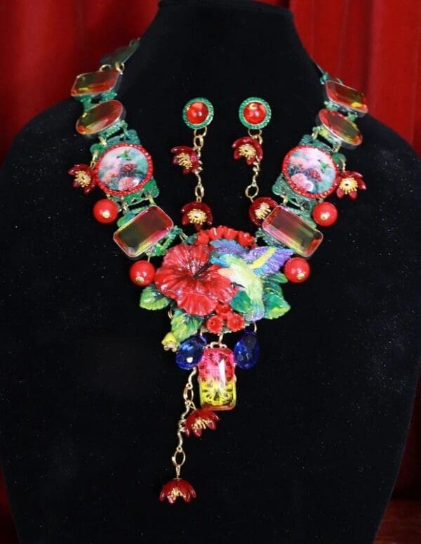 SOLD! 8648 Art Jewelry 3D Effect Hand Painted Hummingbird Genuine Tourmaline Massive Statement Necklace+ Earrings - Image 4