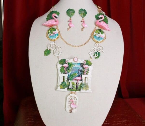 SOLD! 8649 Set Of Art Jewelry 3D Effect Hand Painted Vacation Flamingos Statement Necklace+ Earrings - Image 9