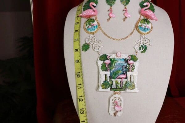 SOLD! 8649 Set Of Art Jewelry 3D Effect Hand Painted Vacation Flamingos Statement Necklace+ Earrings - Image 10