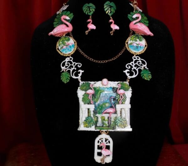 SOLD! 8649 Set Of Art Jewelry 3D Effect Hand Painted Vacation Flamingos Statement Necklace+ Earrings - Image 3