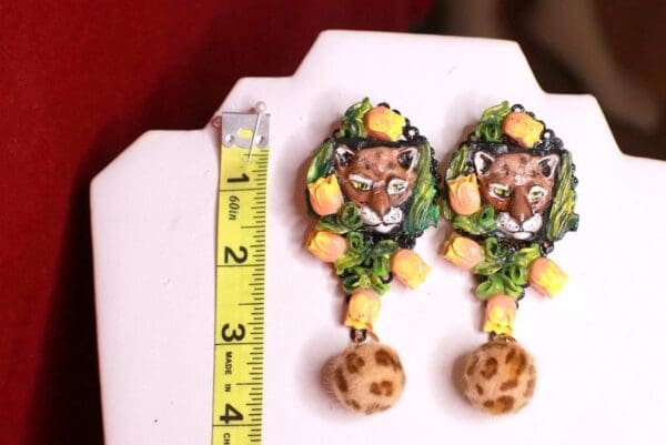 SOLD! 8650 Hand Painted Baroque Leopard Animal Tulips Statement Earrings - Image 3