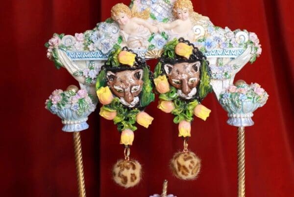 SOLD! 8650 Hand Painted Baroque Leopard Animal Tulips Statement Earrings - Image 4