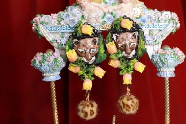 SOLD! 8650 Hand Painted Baroque Leopard Animal Tulips Statement Earrings