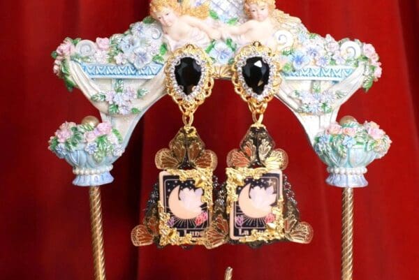 SOLD! 8658 Tarot Cards La Luna Butterfly Cameo Studs Statement Earrings