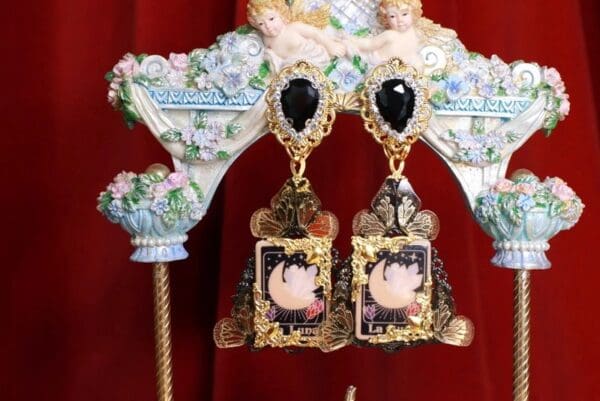 SOLD! 8658 Tarot Cards La Luna Butterfly Cameo Studs Statement Earrings - Image 6