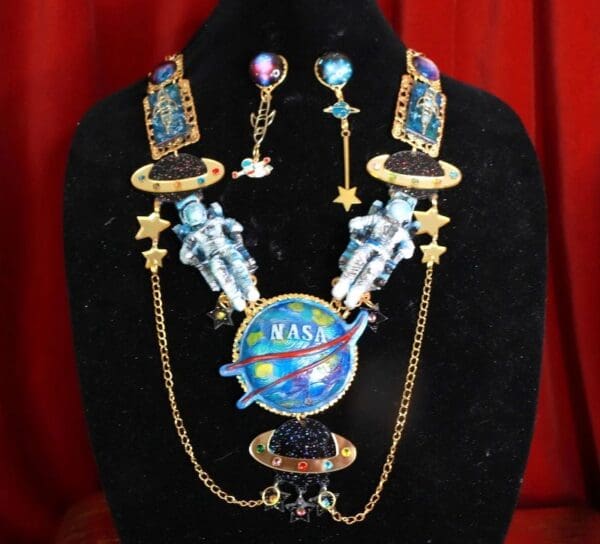 SOLD! 8662 Set Of Celestial NASA Astronauts Iridescent Necklace+ Earrings
